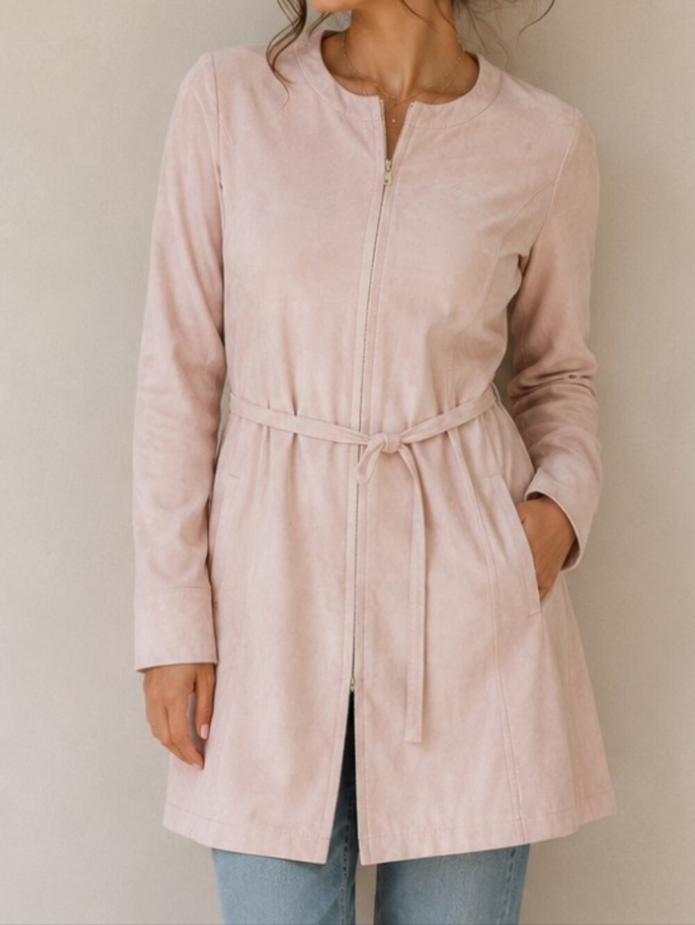 NEW H by Halston Pink Faux Suede Zip Up Long Sleeve Coat 8